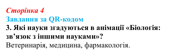 Відповідь до завдання за QR-кодом, завдання 3 (с. 4) з біології для 9 класу, Тагліна 2026: Основні галузі біології, рівні...
