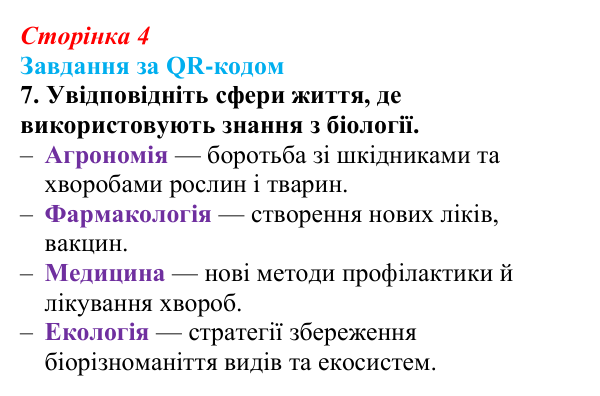 Відповідь до завдання за QR-кодом, завдання 7 (с. 4) з біології для 9 класу, Тагліна 2026: Основні галузі біології, рівні...