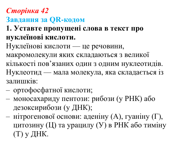 Відповідь до завдання за QR-кодом, завдання 1 (с. 42) з біології для 9 класу, Тагліна 2026: Структура та біологічні...