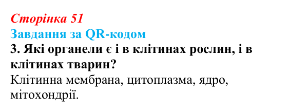 Відповідь до завдання за QR-кодом, завдання 3 (с. 51) з біології для 9 класу, Тагліна 2026: Клітина...