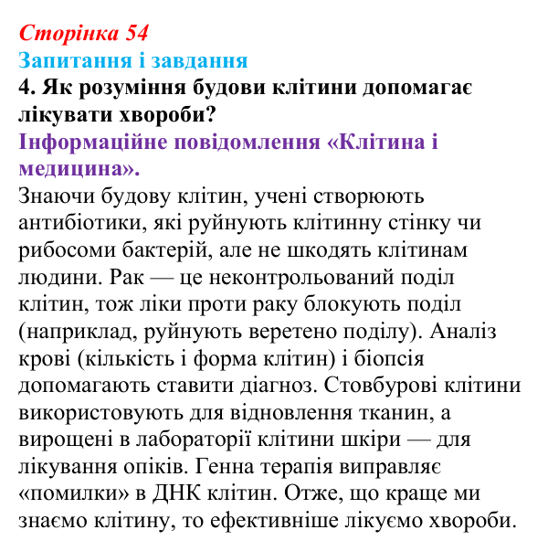 Відповідь до завдання 4 (с. 54) з біології для 9 класу, Тагліна 2026: Клітина — структурно-функціональна одиниця живого...