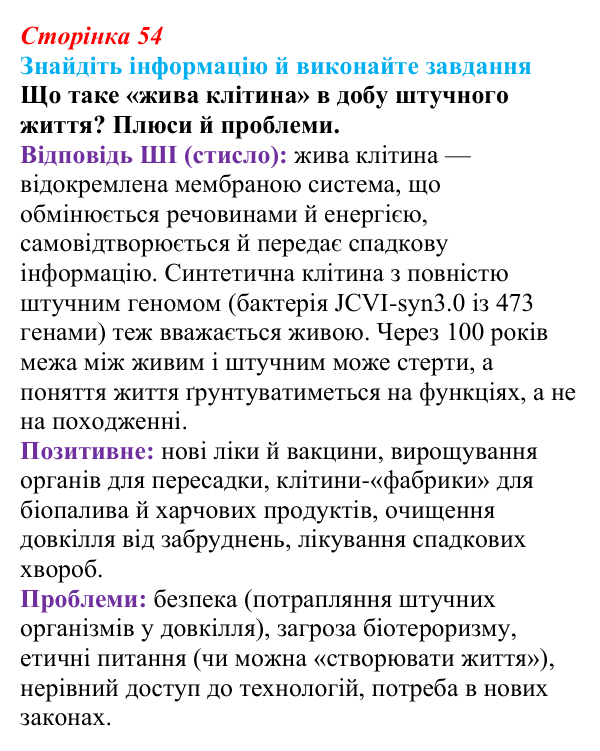 Відповідь до завдання на пошук (с. 54) з біології для 9 класу, Тагліна 2026: Клітина — структурно-функціональна одиниця...