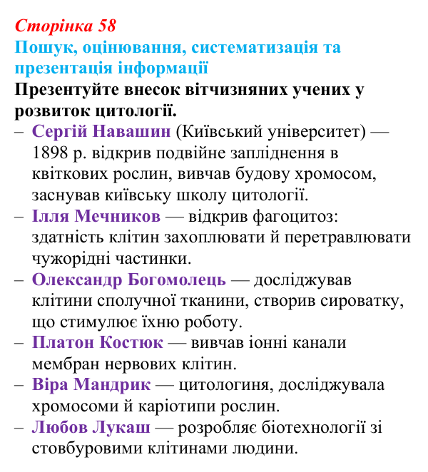 Відповідь до завдання на пошук (с. 58) з біології для 9 класу, Тагліна 2026: Методи дослідження клітин, цитологія