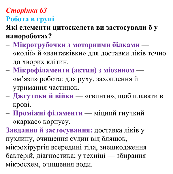 Відповідь до роботи в групі (с. 63) з біології для 9 класу, Тагліна 2026: Будова та функції немембранних компонентів клітин