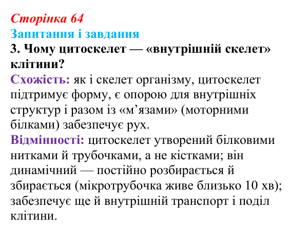Відповідь до завдання 3 (с. 64) з біології для 9 класу, Тагліна 2026: Будова та функції немембранних компонентів клітин