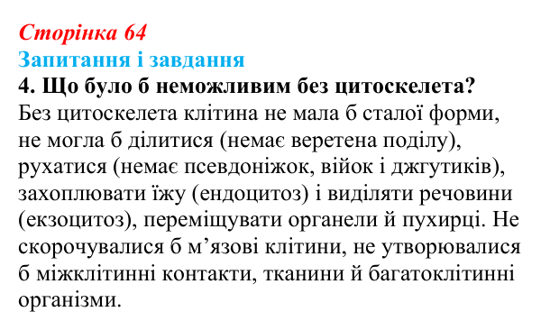Відповідь до завдання 4 (с. 64) з біології для 9 класу, Тагліна 2026: Будова та функції немембранних компонентів клітин