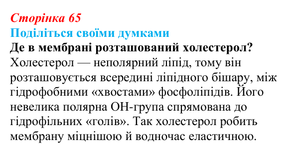 Відповідь до запитання «Поділіться думками» (с. 65) з біології для 9 класу, Тагліна 2026: Будова й функції клітинних мембран