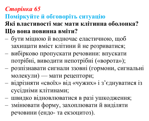 Відповідь до ситуації для обговорення (с. 65) з біології для 9 класу, Тагліна 2026: Будова й функції клітинних мембран