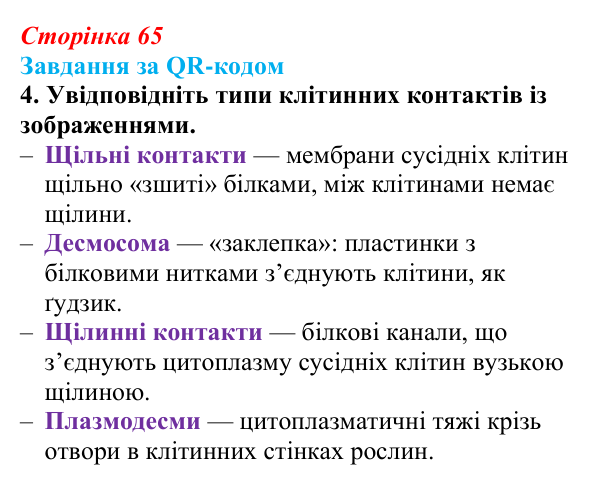 Відповідь до завдання за QR-кодом, завдання 4 (с. 65) з біології для 9 класу, Тагліна 2026: Будова й функції клітинних...