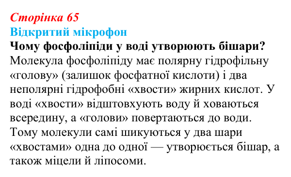 Відповідь до рубрики «Відкритий мікрофон» (с. 65) з біології для 9 класу, Тагліна 2026: Будова й функції клітинних мембран