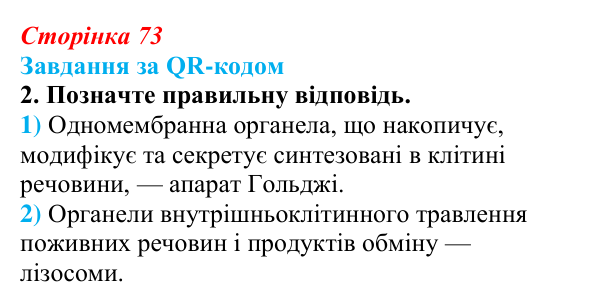 Відповідь до завдання за QR-кодом, завдання 2 (с. 73) з біології для 9 класу, Тагліна 2026: Будова й функції ядра...