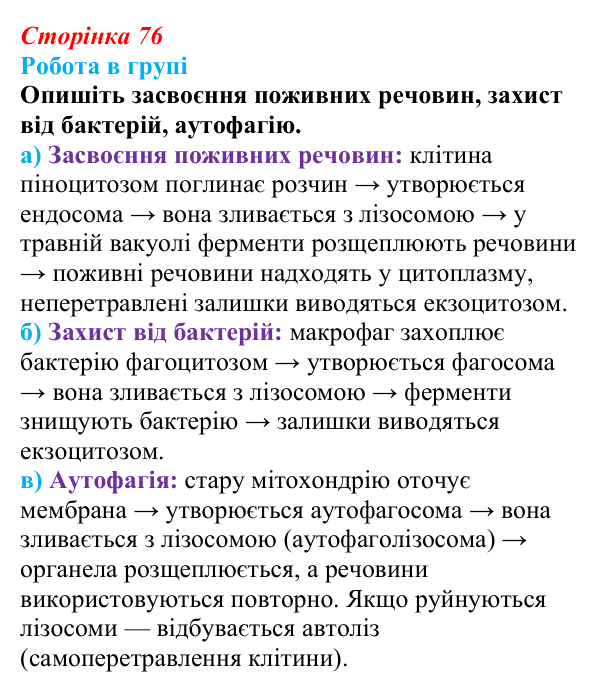 Відповідь до роботи в групі (с. 76) з біології для 9 класу, Тагліна 2026: Будова й функції ядра та одномембранних органел
