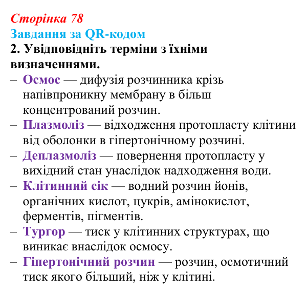 Відповідь до завдання за QR-кодом, завдання 2 (с. 78) з біології для 9 класу, Тагліна 2026: Осмос, плазмоліз...
