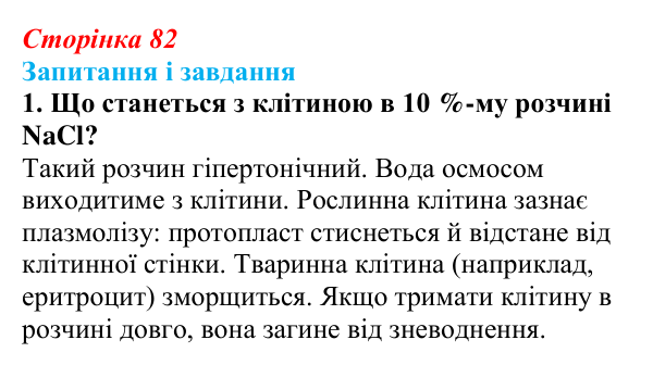 Відповідь до завдання 1 (с. 82) з біології для 9 класу, Тагліна 2026: Осмос, плазмоліз і деплазмоліз, вакуолі