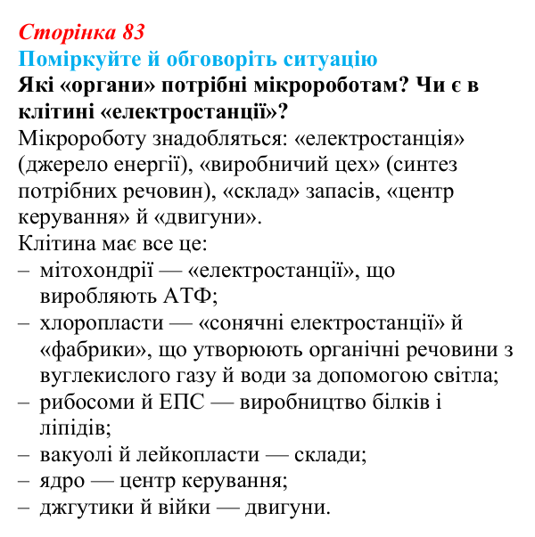 Відповідь до ситуації для обговорення (с. 83) з біології для 9 класу, Тагліна 2026: Будова й функції мітохондрій і пластид