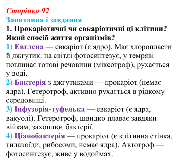Відповідь до завдання 1 (с. 92) з біології для 9 класу, Тагліна 2026: Прокаріоти й евкаріоти, порівняння рослинної...