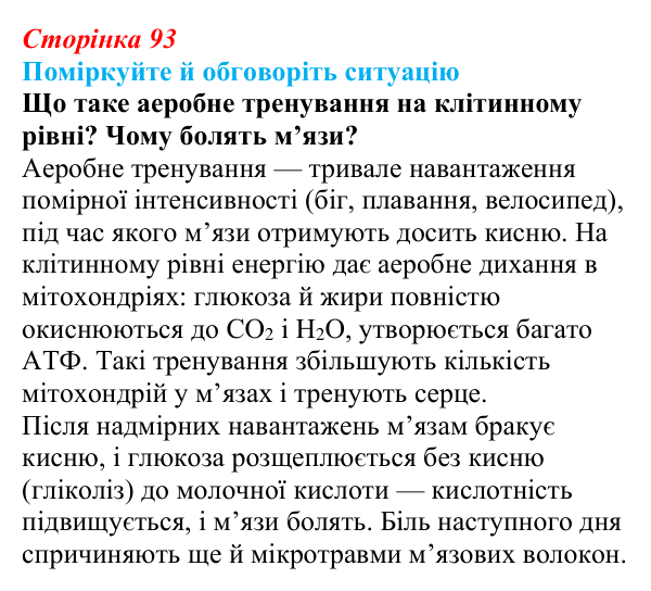 Відповідь до ситуації для обговорення (с. 93) з біології для 9 класу, Тагліна 2026: Обмін речовин, клітинне дихання...