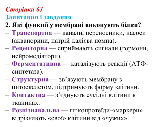Відповідь до завдання 2 (с. 63) з біології для 9 класу, Задорожний 2026: § 13 Мембрани і мембранні комплекси клітин