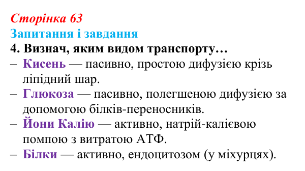 Відповідь до завдання 4 (с. 63) з біології для 9 класу, Задорожний 2026: § 13 Мембрани і мембранні комплекси клітин