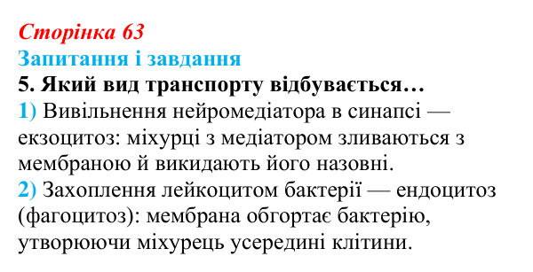 Відповідь до завдання 5 (с. 63) з біології для 9 класу, Задорожний 2026: § 13 Мембрани і мембранні комплекси клітин