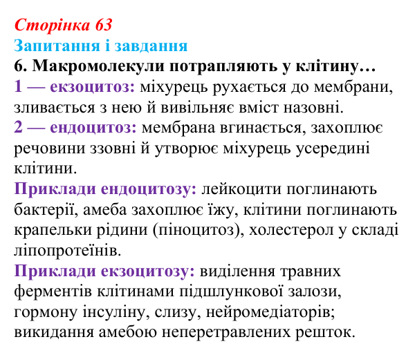 Відповідь до завдання 6 (с. 63) з біології для 9 класу, Задорожний 2026: § 13 Мембрани і мембранні комплекси клітин
