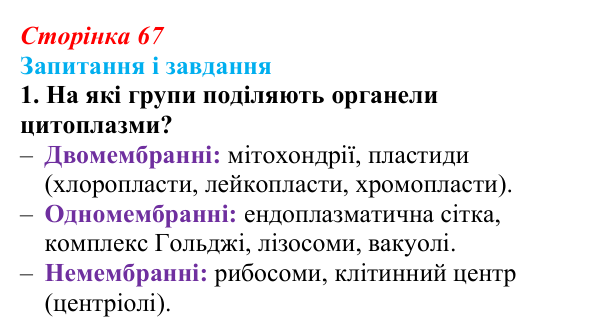 Відповідь до завдання 1 (с. 67) з біології для 9 класу, Задорожний 2026: § 14 Органели клітин еукаріотів