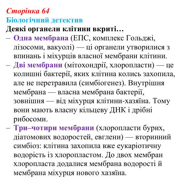 Відповідь до біологічного детективу (с. 64) з біології для 9 класу, Задорожний 2026: § 14 Органели клітин еукаріотів