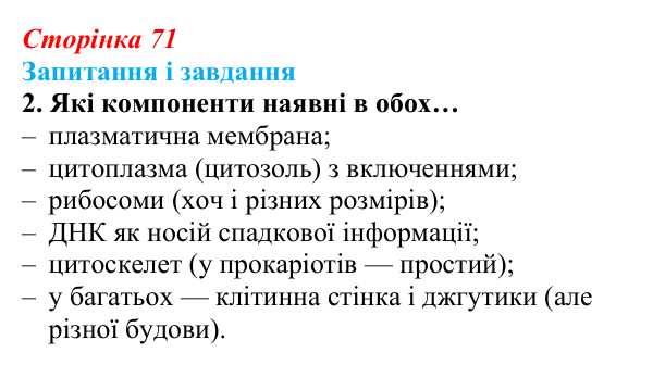 Відповідь до завдання 2 (с. 71) з біології для 9 класу, Задорожний 2026: § 15 Прокаріотичні клітини