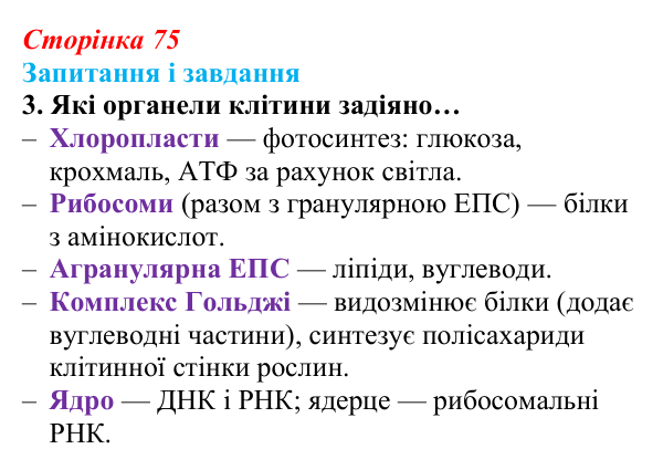 Відповідь до завдання 3 (с. 75) з біології для 9 класу, Задорожний 2026: § 16 Метаболізм та живлення клітин