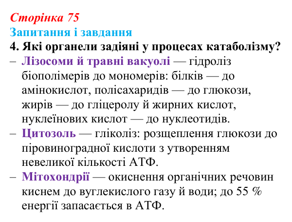 Відповідь до завдання 4 (с. 75) з біології для 9 класу, Задорожний 2026: § 16 Метаболізм та живлення клітин