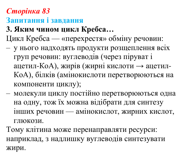 Відповідь до завдання 3 (с. 83) з біології для 9 класу, Задорожний 2026: § 18 Розщеплення органічних речовин
