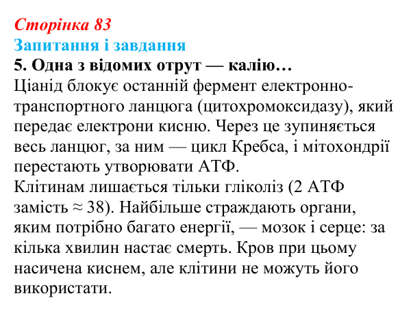 Відповідь до завдання 5 (с. 83) з біології для 9 класу, Задорожний 2026: § 18 Розщеплення органічних речовин