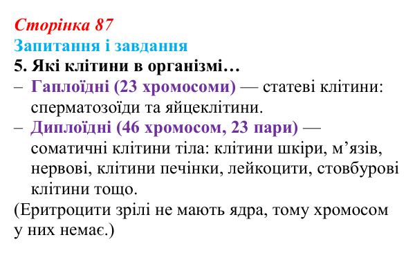 Відповідь до завдання 5 (с. 87) з біології для 9 класу, Задорожний 2026: § 19 Ядра і хромосоми
