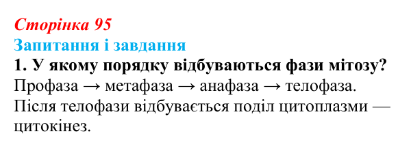 Відповідь до завдання 1 (с. 95) з біології для 9 класу, Задорожний 2026: § 21 Мітотичний поділ