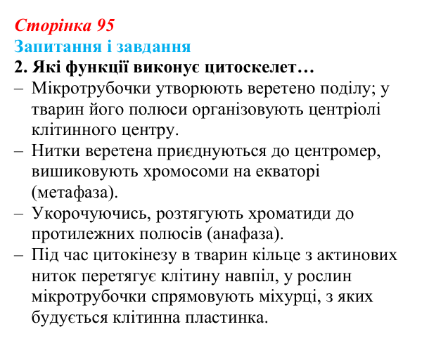 Відповідь до завдання 2 (с. 95) з біології для 9 класу, Задорожний 2026: § 21 Мітотичний поділ