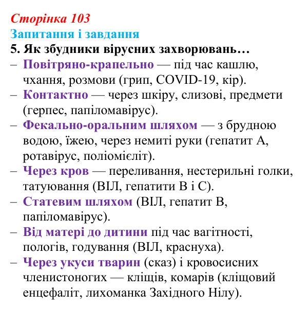 Відповідь до завдання 5 (с. 103) з біології для 9 класу, Задорожний 2026: § 23 Взаємодія вірусів із клітинами
