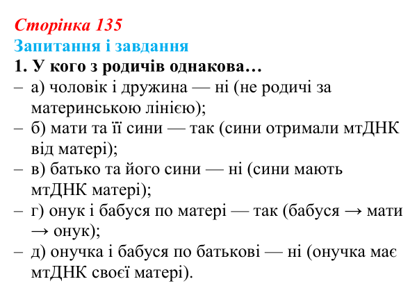 Відповідь до завдання 1 (с. 135) з біології для 9 класу, Задорожний 2026: § 30 Цитоплазматична спадковість. Регуляція...
