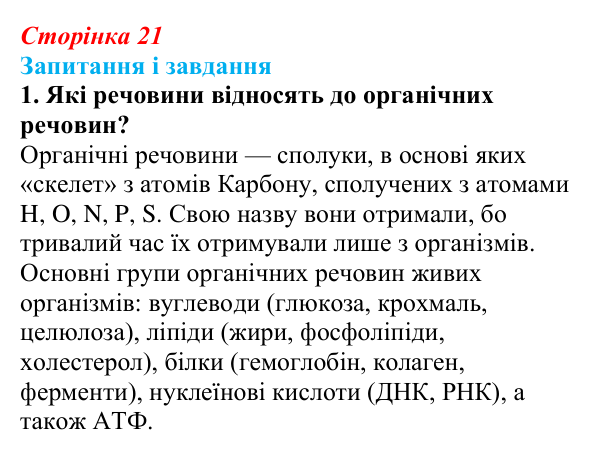 Відповідь до завдання 1 (с. 21) з біології для 9 класу, Задорожний 2026: § 4 Органічні речовини живих організмів