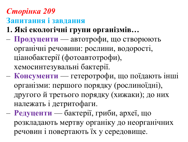 Відповідь до завдання 1 (с. 209) з біології для 9 класу, Задорожний 2026: § 47 Зв’язки організмів в екосистемах
