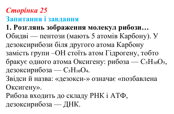 Відповідь до завдання 1 (с. 25) з біології для 9 класу, Задорожний 2026: § 5 Вуглеводи і ліпіди