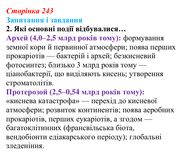 Відповідь до завдання 2 (с. 243) з біології для 9 класу, Задорожний 2026: § 55 Етапи еволюції життя