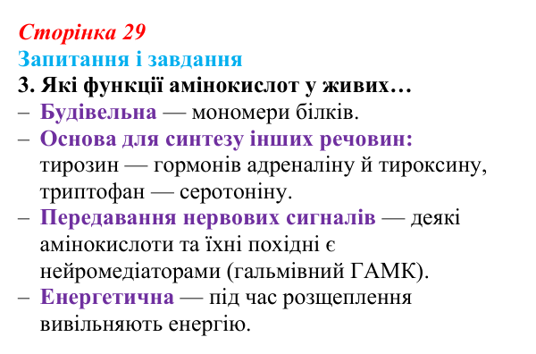 Відповідь до завдання 3 (с. 29) з біології для 9 класу, Задорожний 2026: § 6 Амінокислоти. Білки