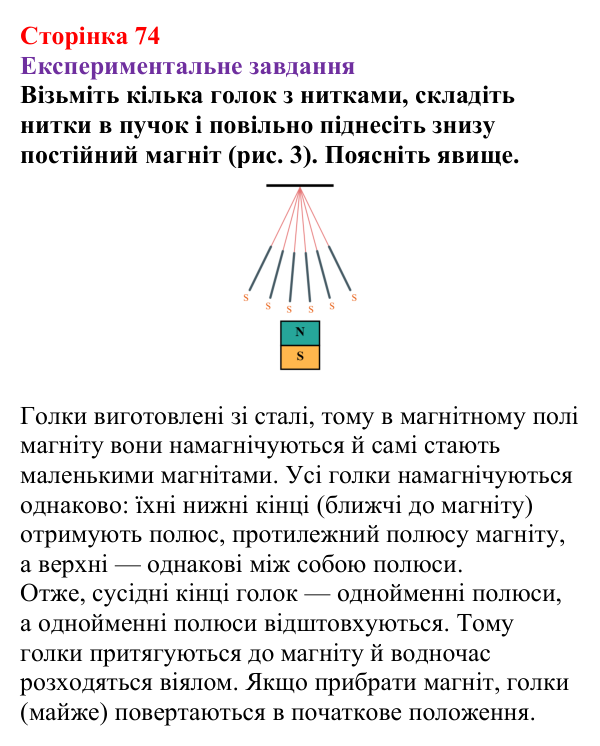 Відповідь до експериментального завдання (с. 74) з фізики для 9 класу (Бар’яхтар, 2026): Магнітні явища. Магнітне поле