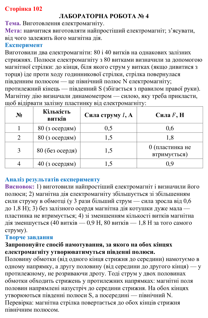 Лабораторна робота № 4 (с. 102) з фізики для 9 класу (Бар’яхтар, 2026): виготовлення електромагніту