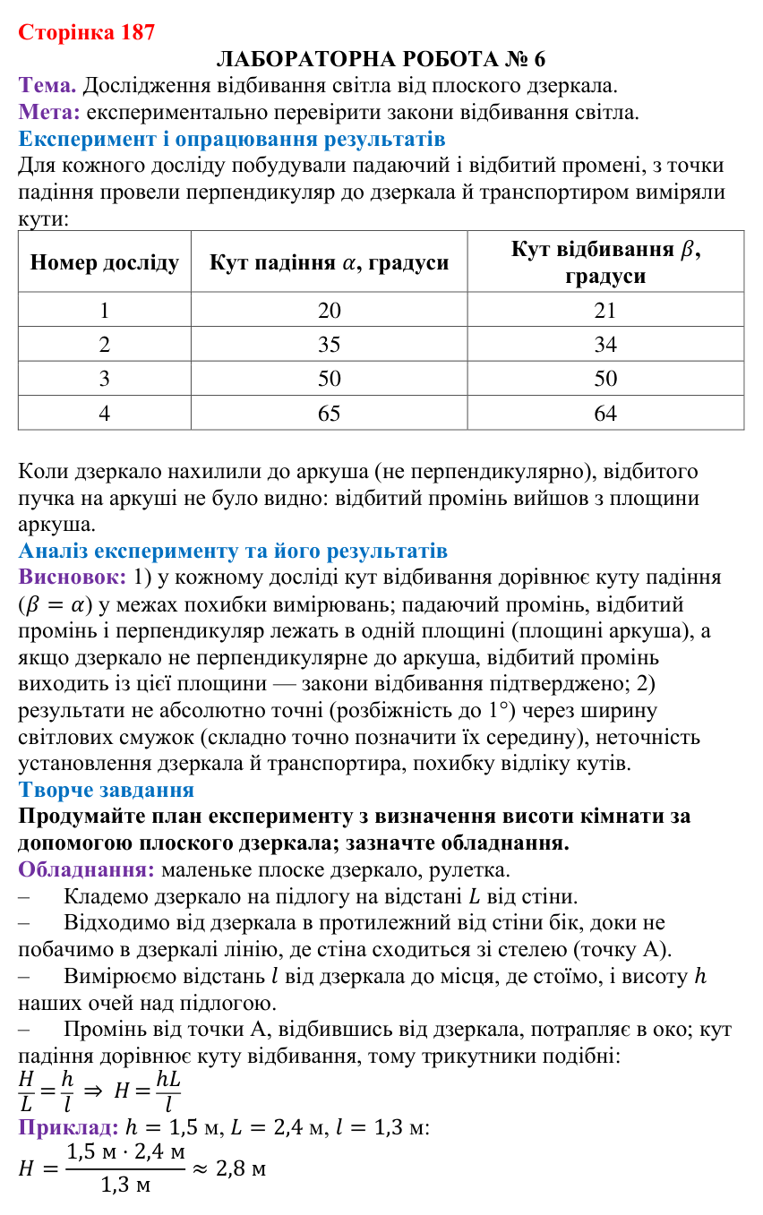 Лабораторна робота № 6 (с. 187) з фізики для 9 класу (Бар’яхтар, 2026): відбивання світла від плоского дзеркала