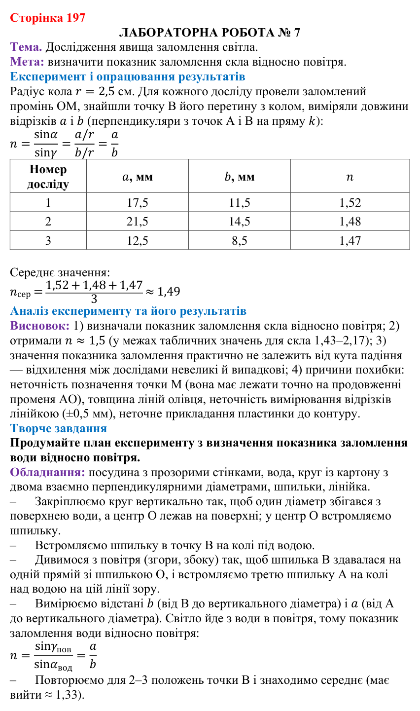 Лабораторна робота № 7 (с. 197) з фізики для 9 класу (Бар’яхтар, 2026): дослідження заломлення світла