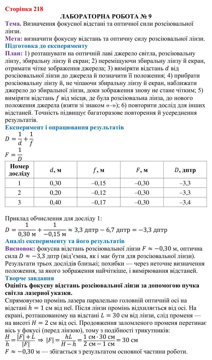 Лабораторна робота № 9 (с. 218) з фізики для 9 класу (Бар’яхтар, 2026): фокусна відстань і оптична сила розсіювальної лінзи