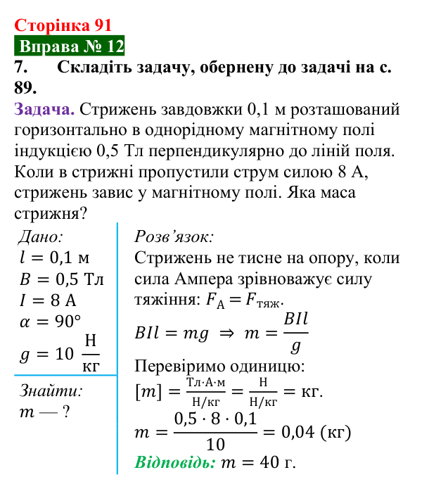 Відповідь до вправи № 12, завдання 7 (с. 91) з фізики для 9 класу (Бар’яхтар, 2026): Сила Ампера