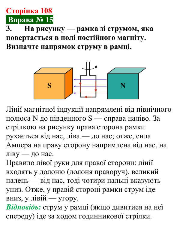 Відповідь до вправи № 15, завдання 3 (с. 108) з фізики для 9 класу (Бар’яхтар, 2026): Дія магнітного поля на рамку