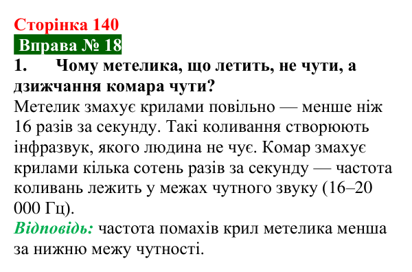 Відповідь до вправи № 18, завдання 1 (с. 140) з фізики для 9 класу (Бар’яхтар, 2026): Звукові хвилі